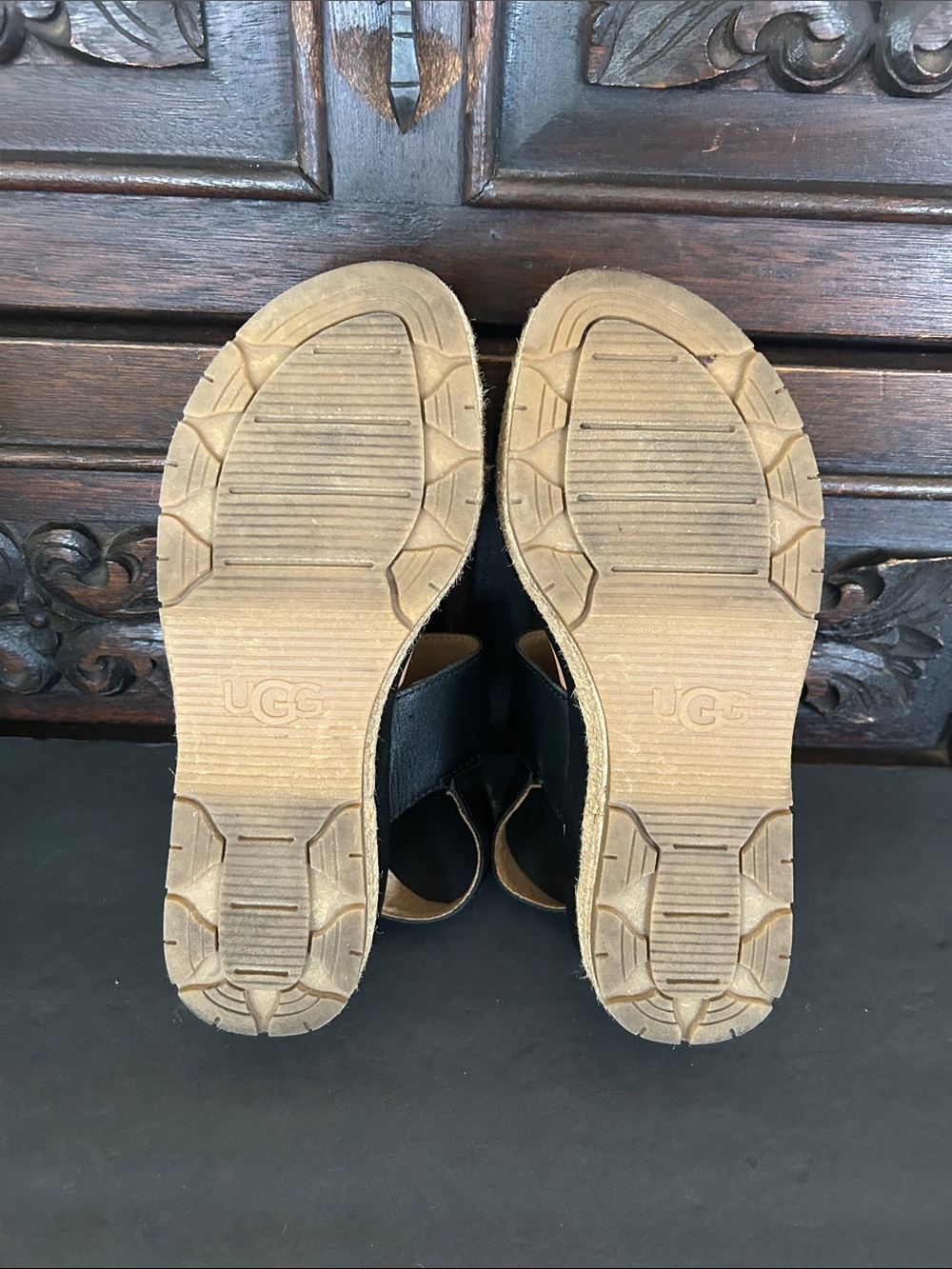 UGG Black Leather Platform Espadrille Sandals with Silver Buckle - Picture 12 of 15